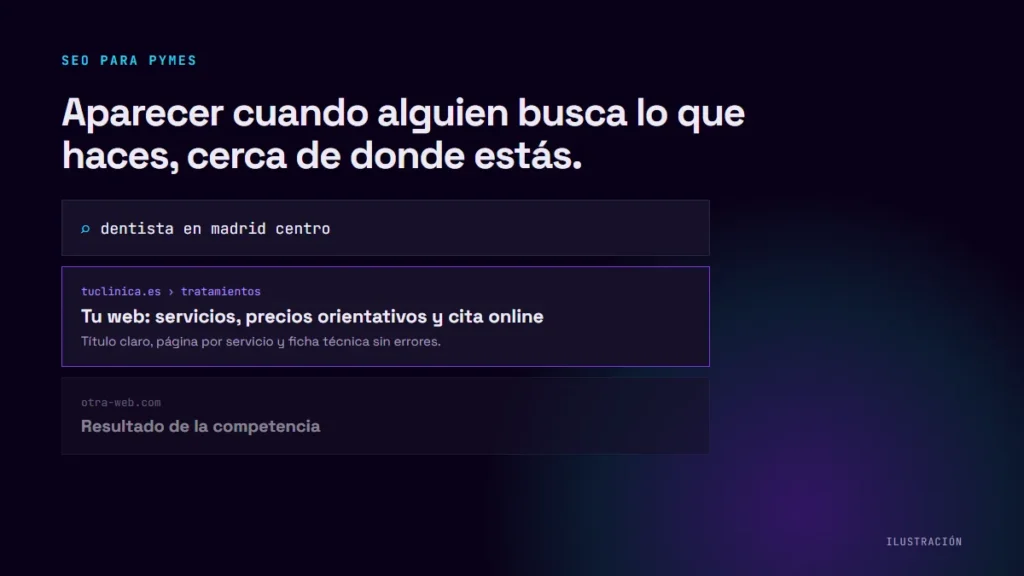 SEO para pymes: ilustración de una búsqueda local con tu web entre los primeros resultados