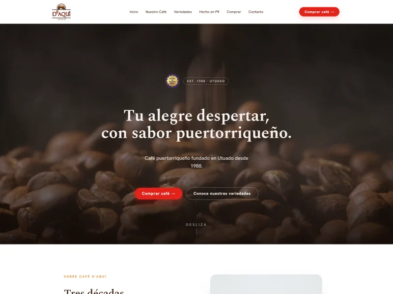 Captura de la web de marca de Cafe D Aqui