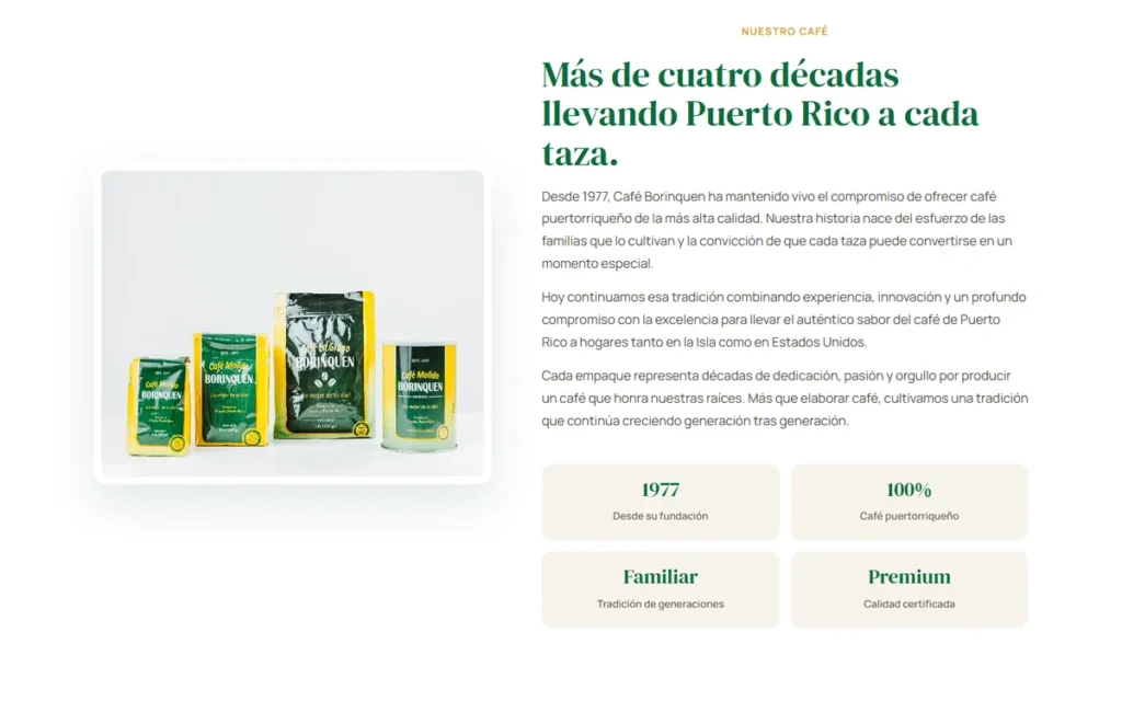 Web de Café Borinquen: sección interior