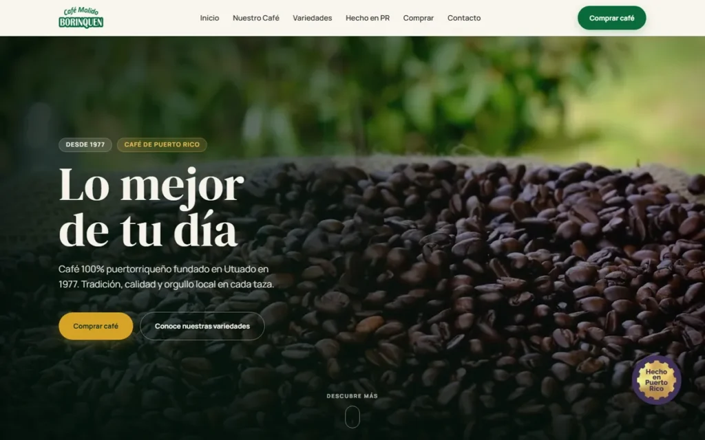 Web de Café Borinquen: portada en escritorio