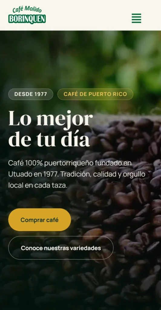 Web de Café Borinquen: portada en móvil