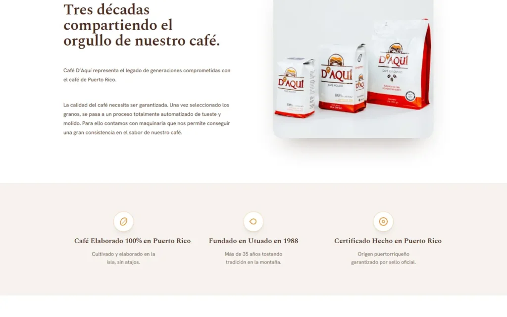 Web de Café D’Aquí: sección interior
