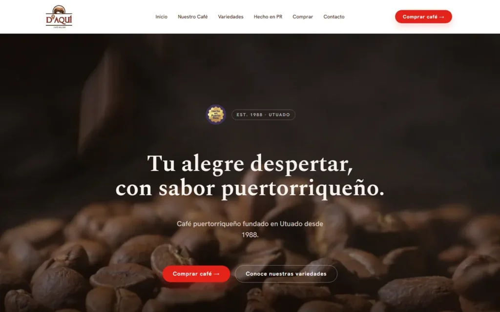 Web de Café D’Aquí: portada en escritorio
