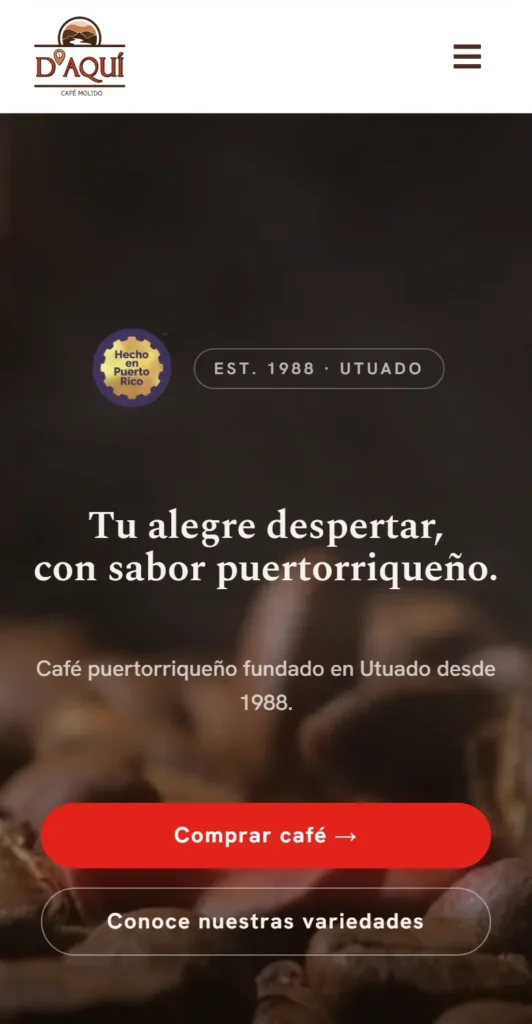 Web de Café D’Aquí: portada en móvil