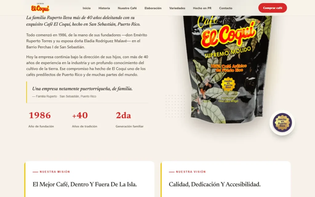 Web de Café El Coquí: sección interior
