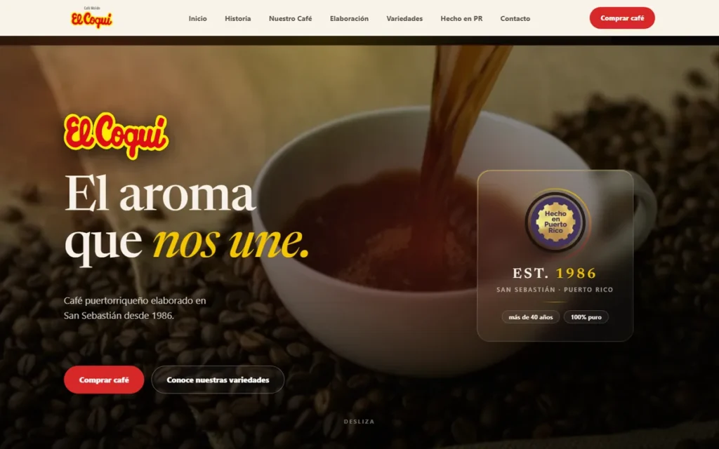 Web de Café El Coquí: portada en escritorio