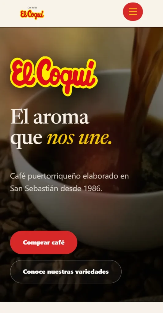 Web de Café El Coquí: portada en móvil