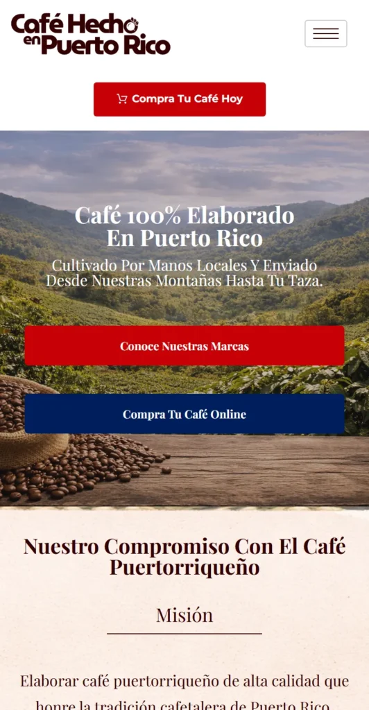 Web de Café Hecho en Puerto Rico: portada en móvil